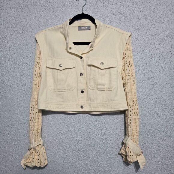 Blue B Womens Cropped Corduroy Crochet Open Knit Bell Sleeves Jacket Size S - Picture 1 of 7